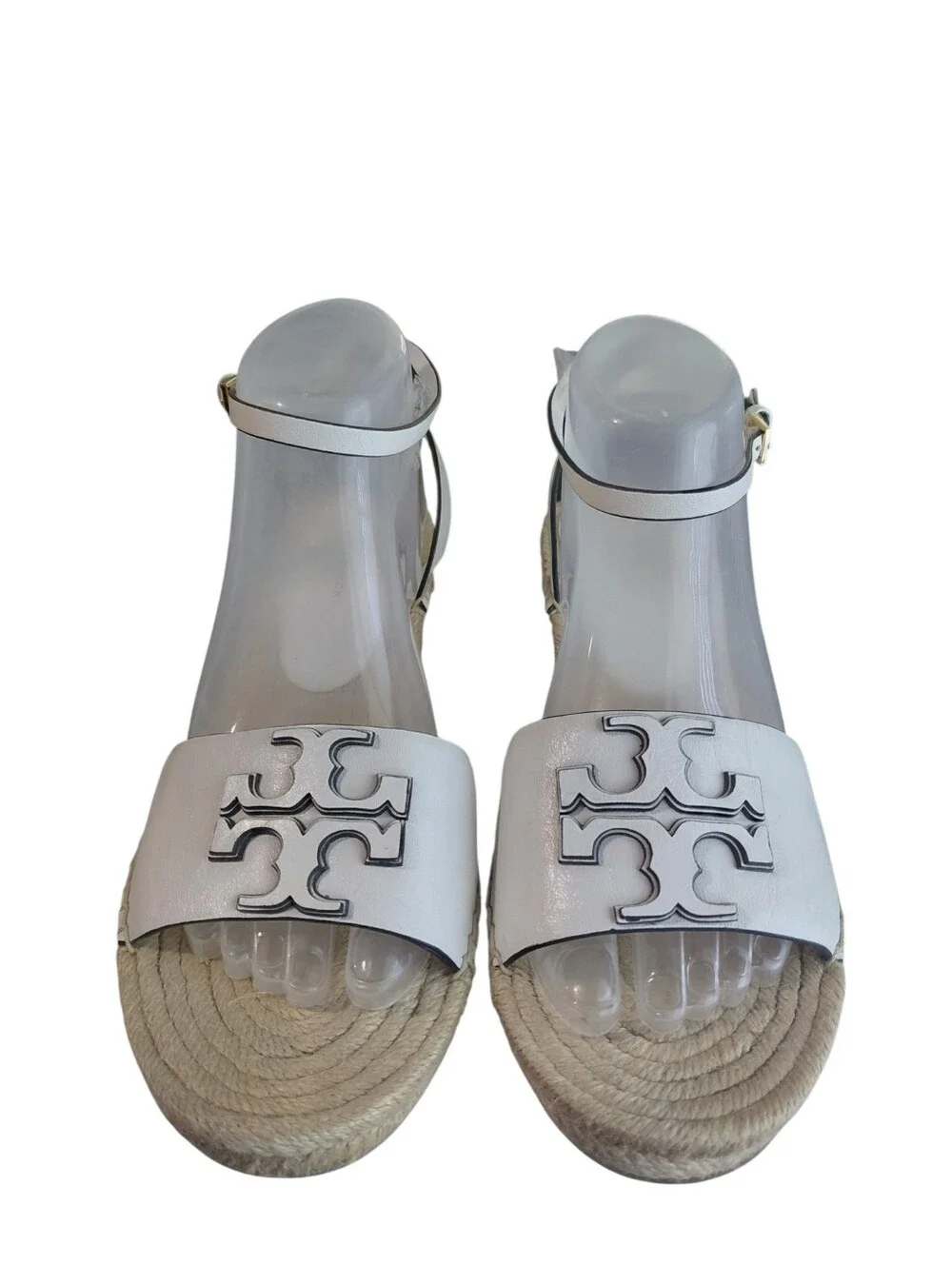 Tory Burch Ines White Leather Logo Espadrille Wedge Sandals Size 9.5